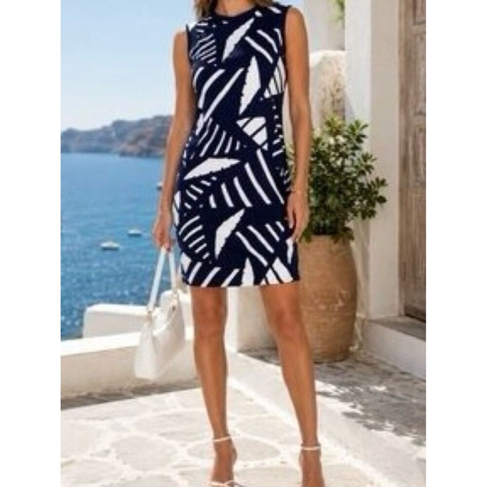 Lauren Ralph Lauren Navy Geometric Print Knit Back Sleeveless Shift Dress. 1X.